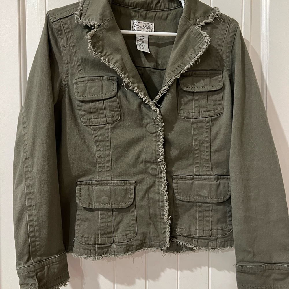 Live a Little Green Utility Jacket with Frayed Trim